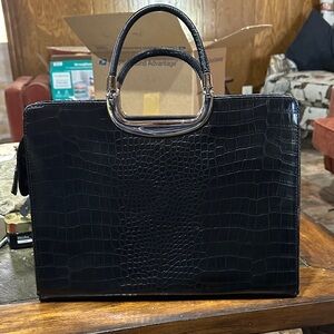 Vintage 1960s Large Black Faux Alligator Structured Frame Handbag Top Handle